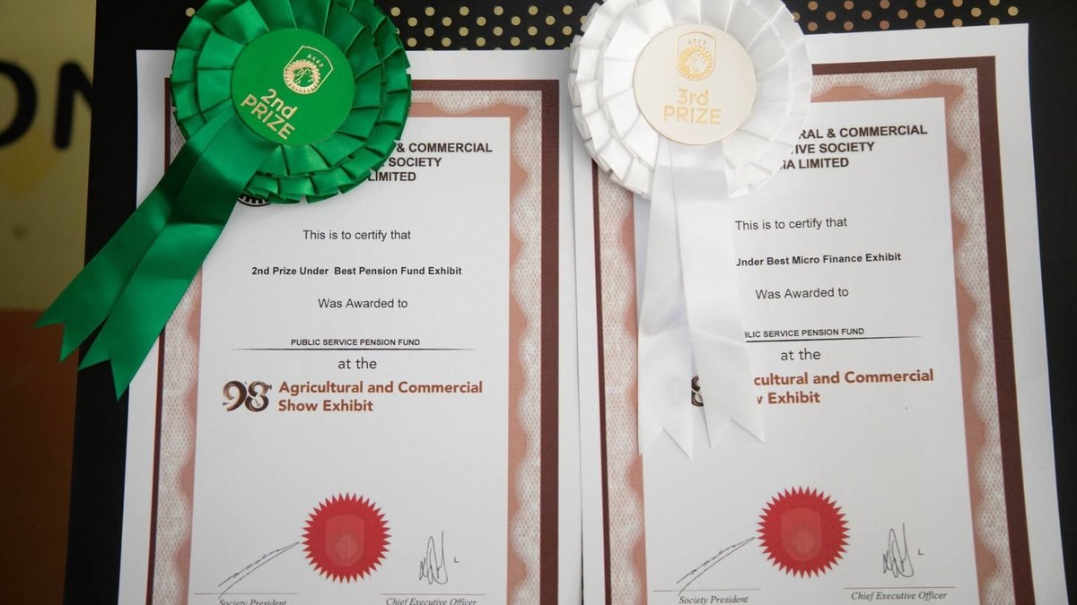 Two award certificates side by side. The left has a green second prize rosette for Best Pension Fund Exhibit; the right a white third prize rosette for Best Micro Finance Exhibit. Both awarded to Public Service Pension Fund.